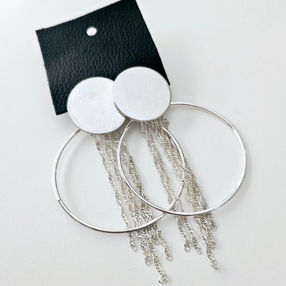 Free people silver tone button hoop fringe drop stud earrings